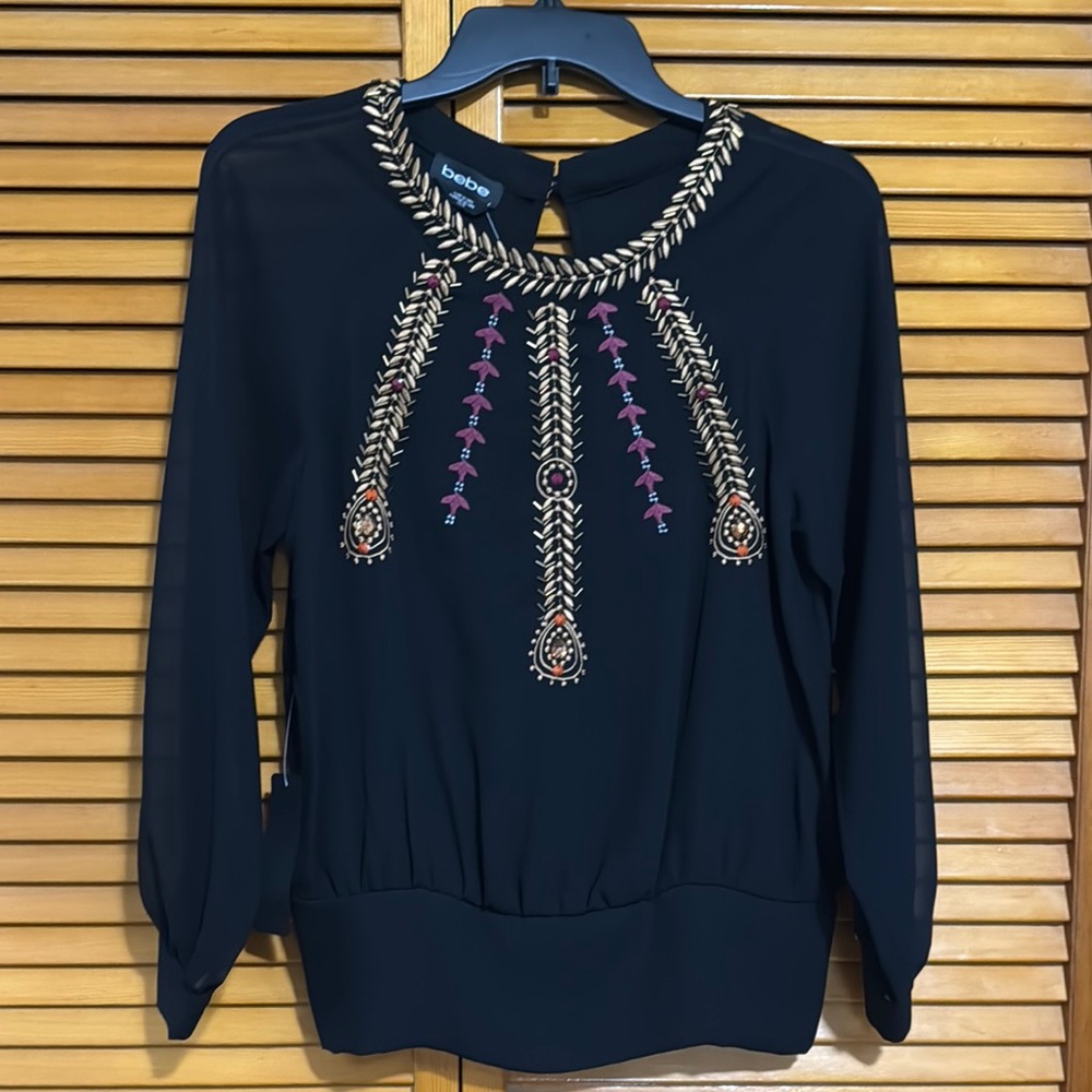 Bebe Black Embellished 3/4 Sleeve Blouse